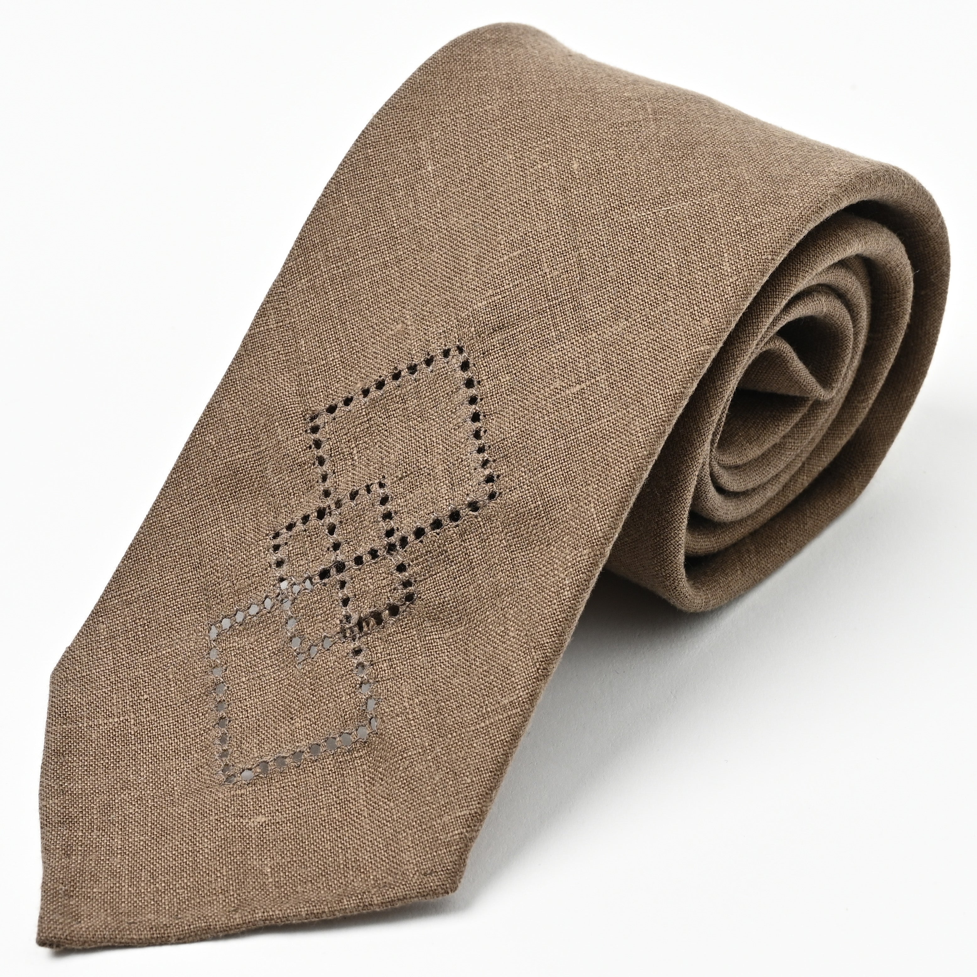 日本製 刺繍 リネン ネクタイ アメリカンネイティブ3 ブラウン