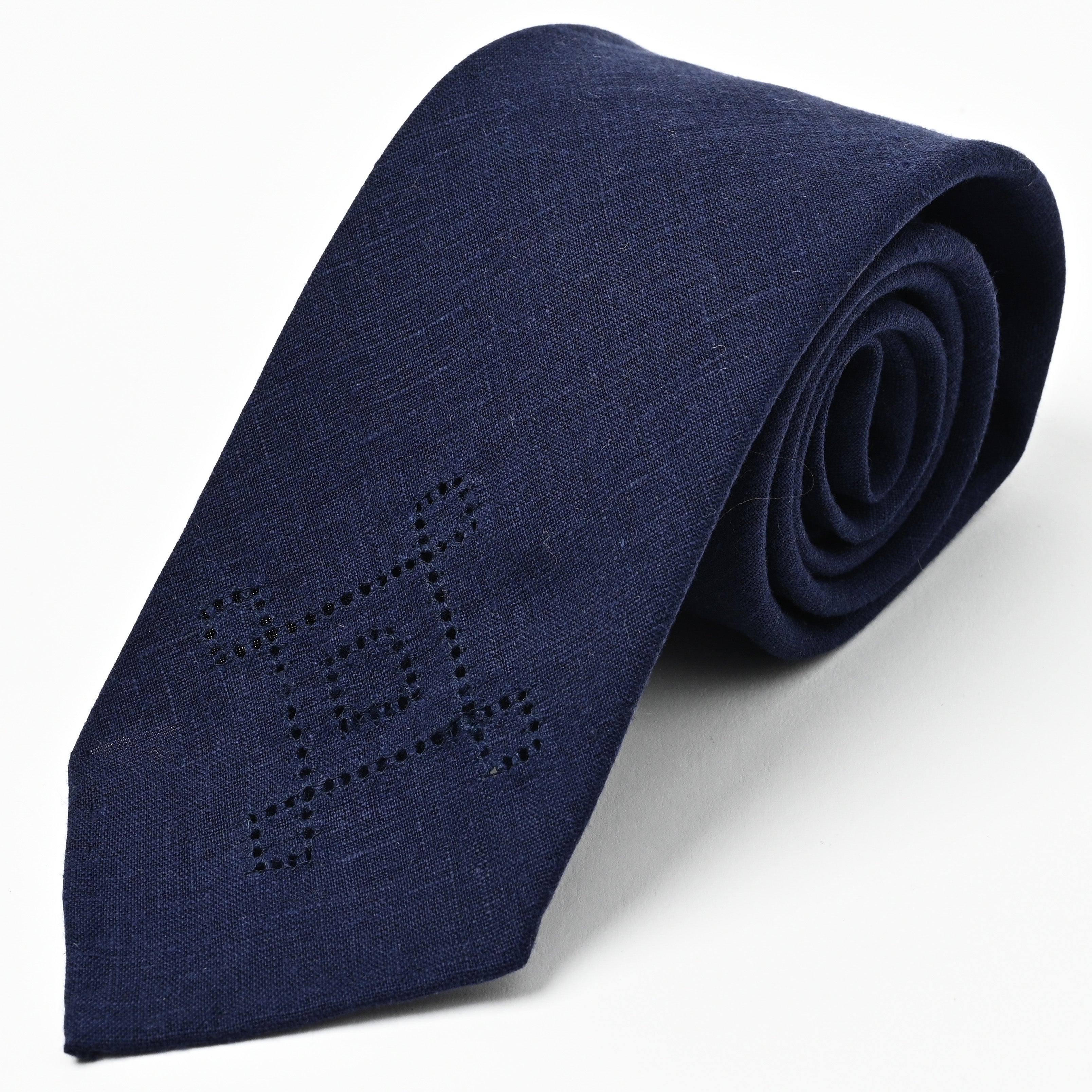 日本製 刺繍 リネン ネクタイ アメリカンネイティブ4 ネイビー