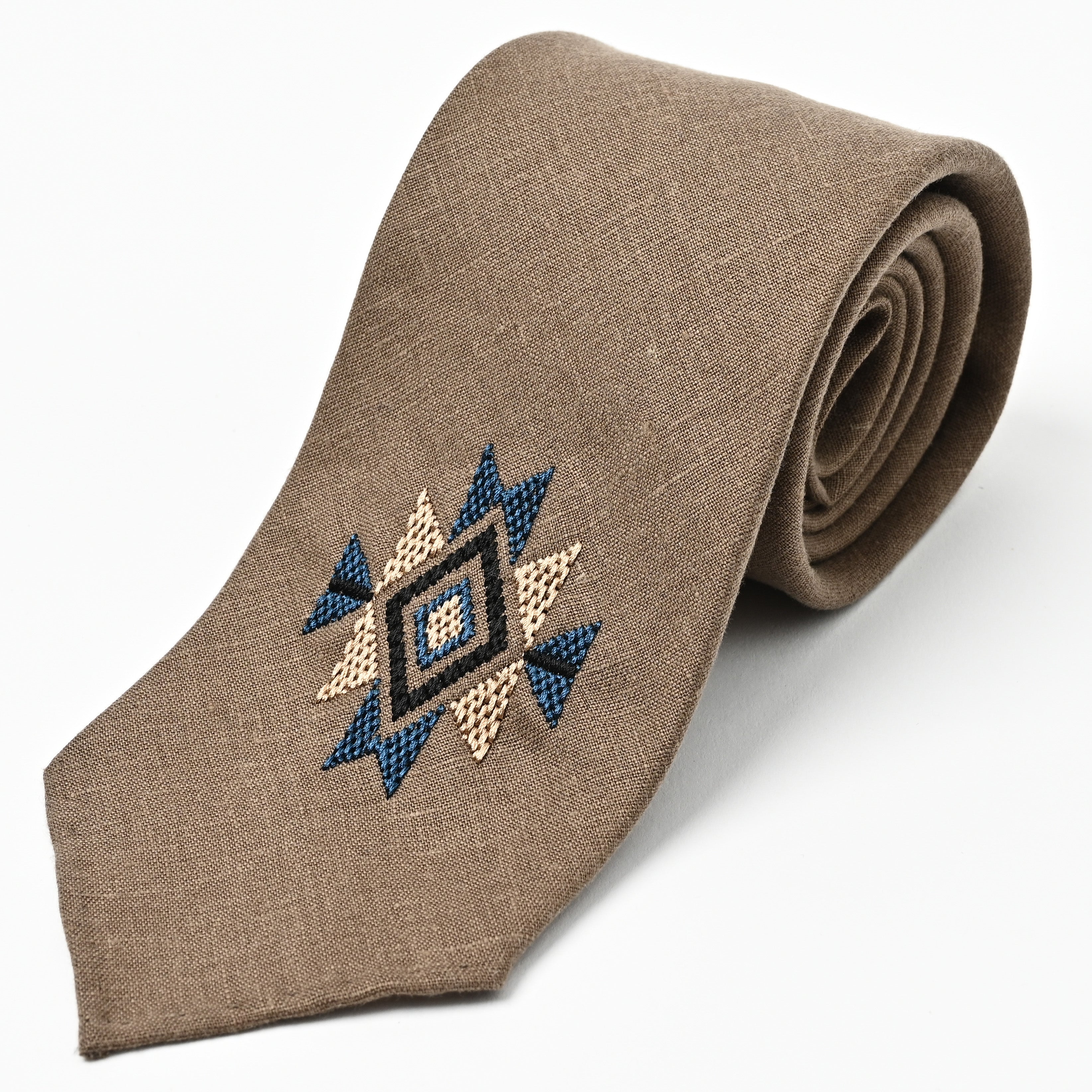 日本製 刺繍 リネン ネクタイ アメリカンネイティブ1 ブラウン