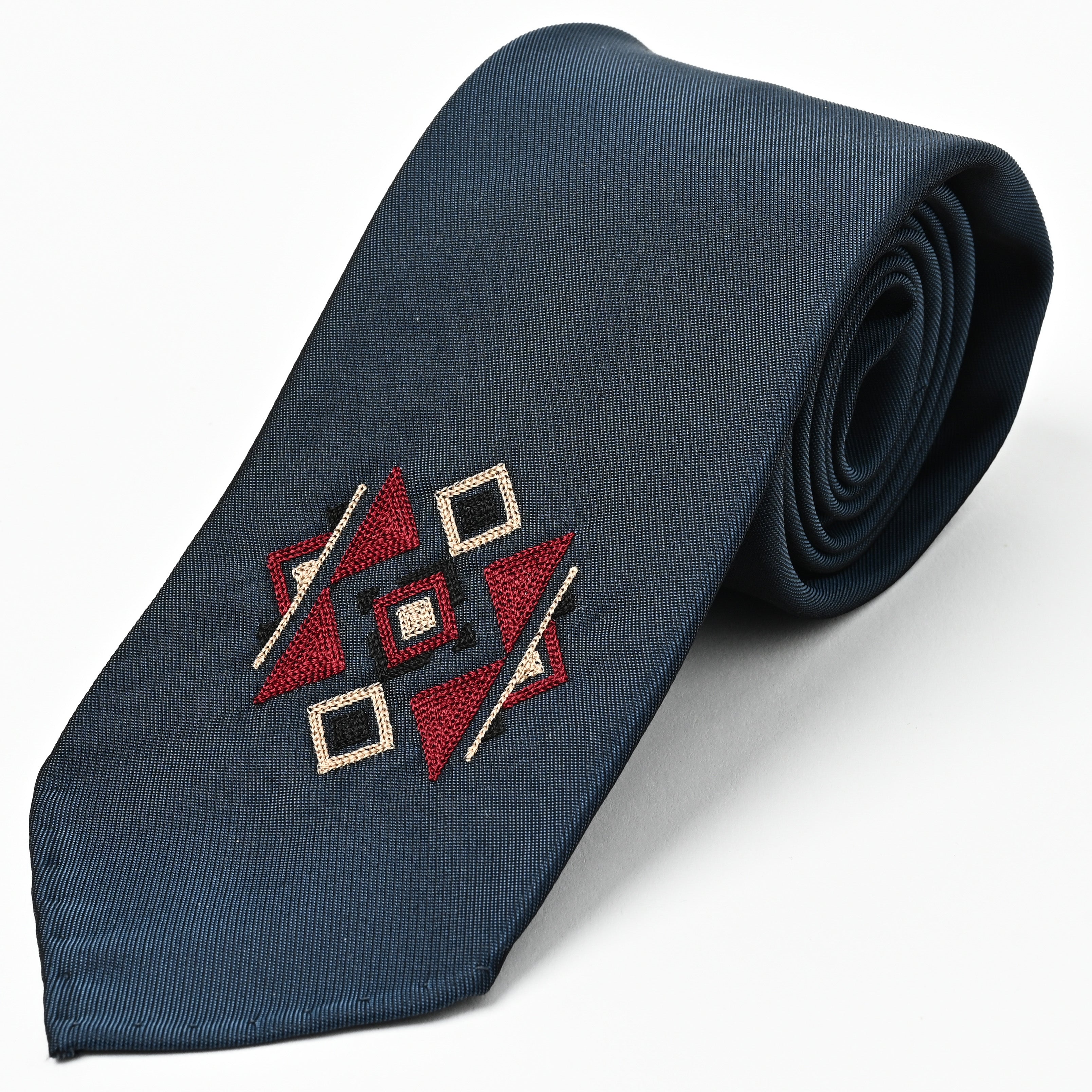 日本製 刺繍 シルク ネクタイ アメリカンネイティブ2 ネイビー