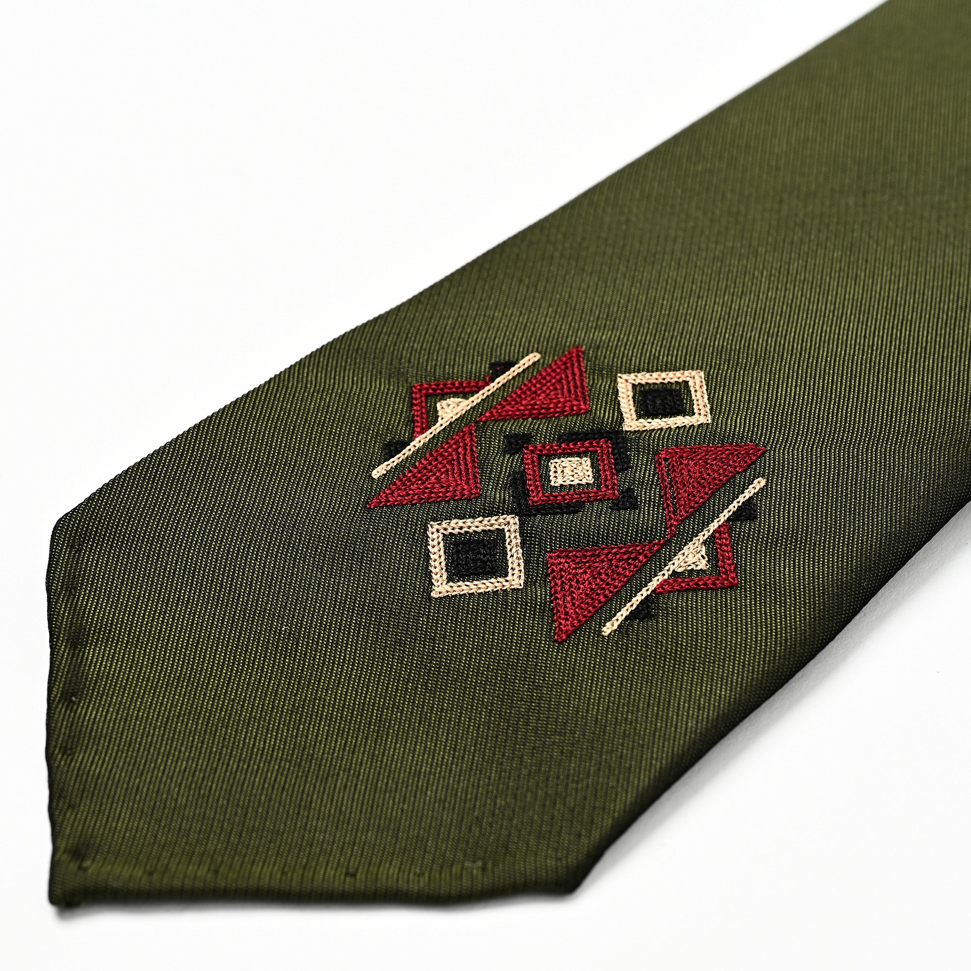 日本製 刺繍 シルク ネクタイ アメリカンネイティブ2 グリーン