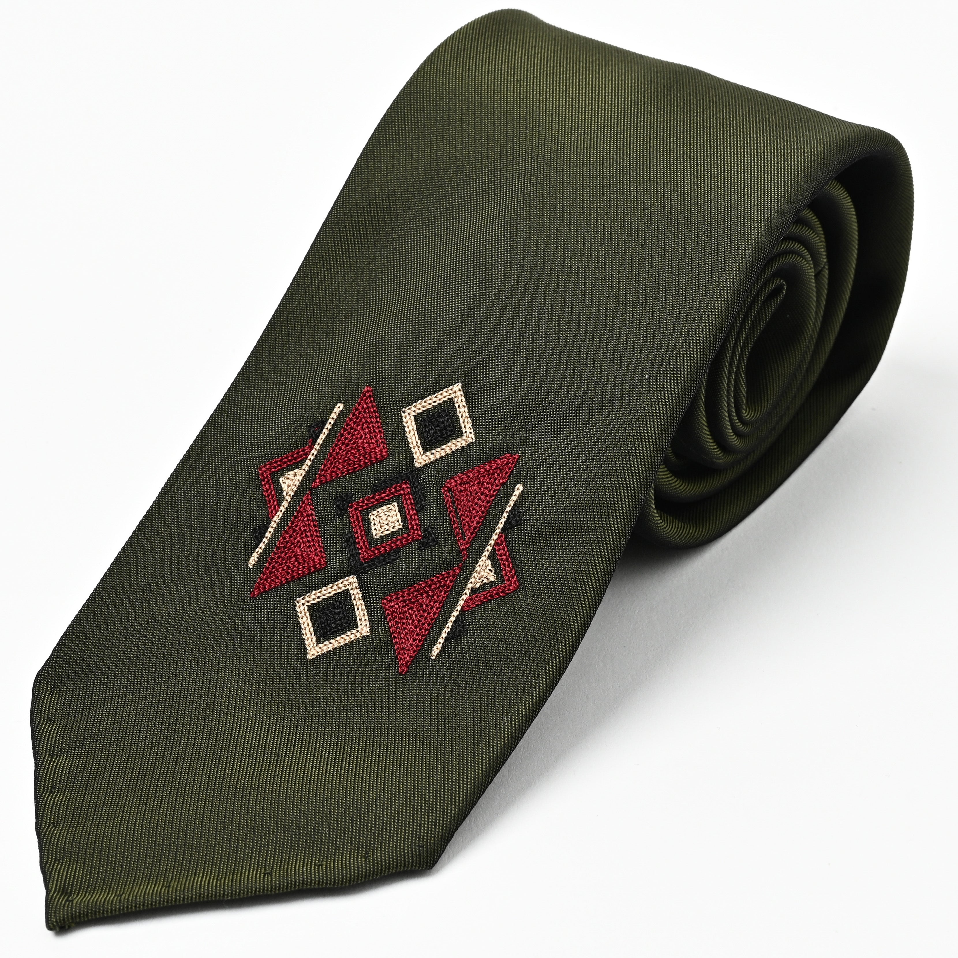 日本製 刺繍 シルク ネクタイ アメリカンネイティブ2 グリーン