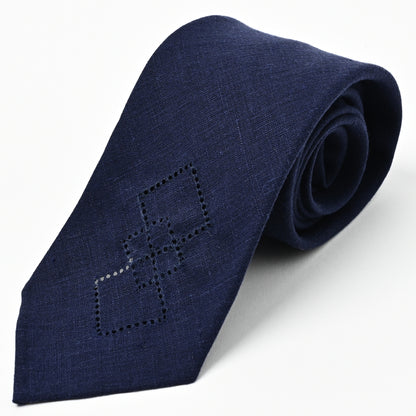 日本製　刺繍　リネン　ネクタイ　アメリカンネイティブ3　ネイビー