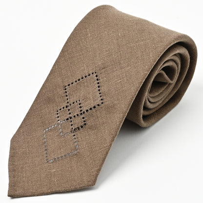 日本製　刺繍　リネン　ネクタイ　アメリカンネイティブ3　ブラウン
