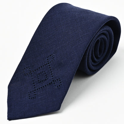 日本製　刺繍　リネン　ネクタイ　アメリカンネイティブ4　ネイビー