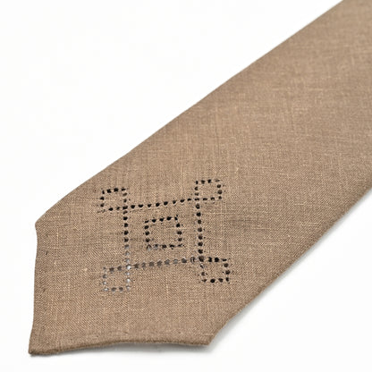 日本製　刺繍　リネン　ネクタイ　アメリカンネイティブ4　ブラウン