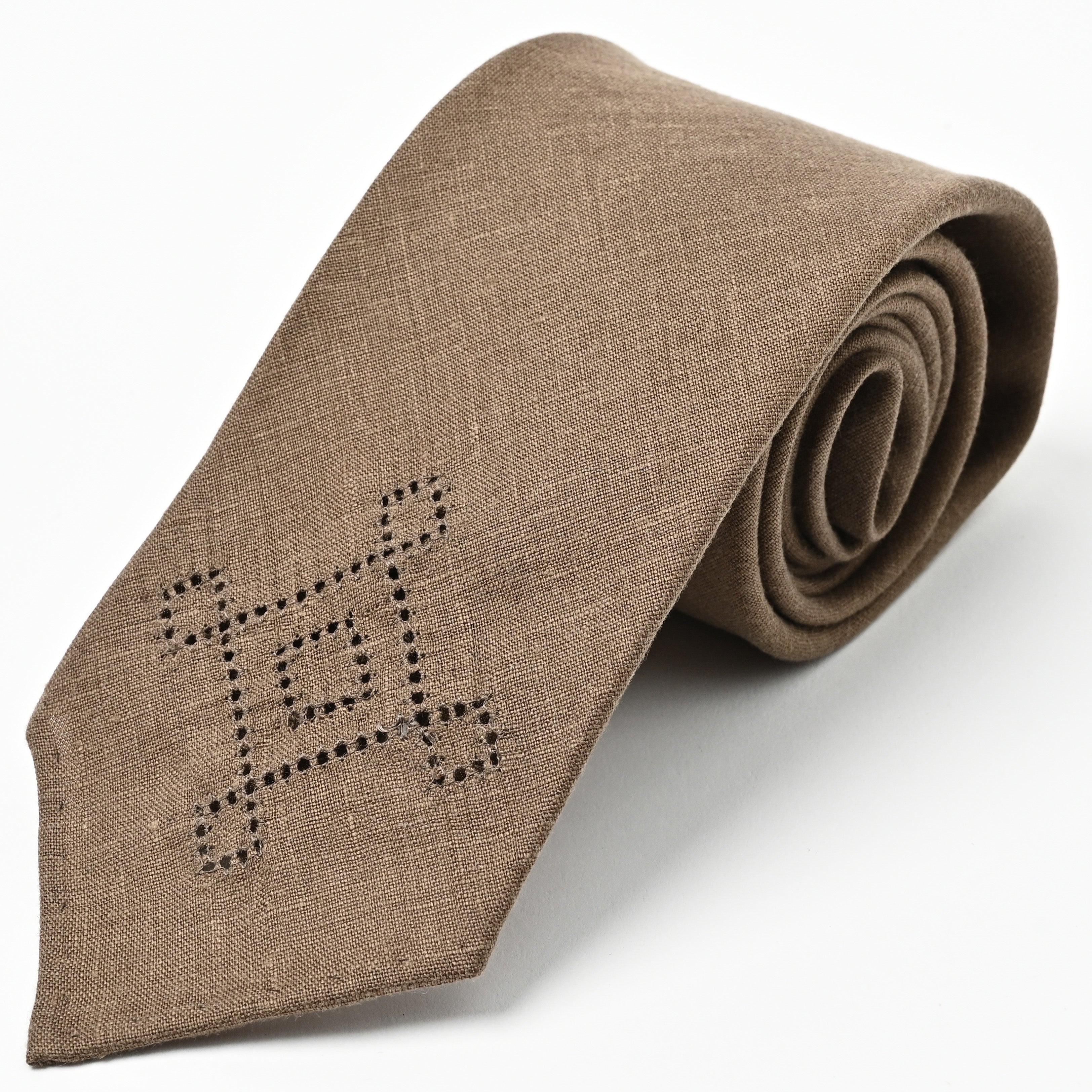 日本製　刺繍　リネン　ネクタイ　アメリカンネイティブ4　ブラウン