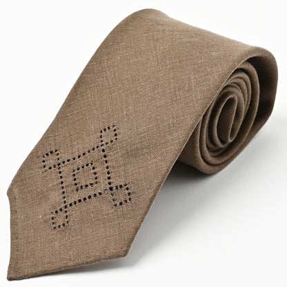日本製　刺繍　リネン　ネクタイ　アメリカンネイティブ4　ブラウン