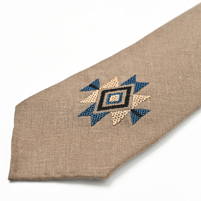 日本製　刺繍　リネン　ネクタイ　アメリカンネイティブ1　ブラウン