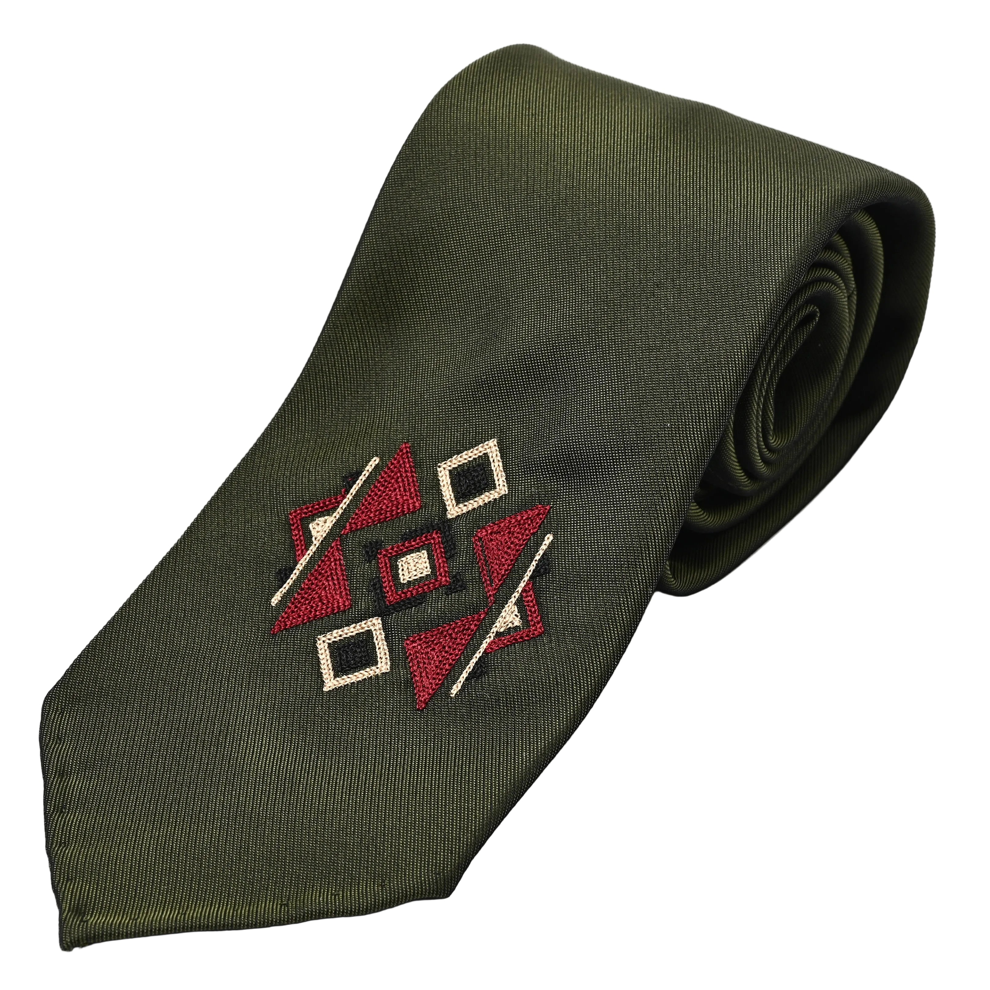 日本製　刺繍　シルク　ネクタイ　アメリカンネイティブ2　グリーン