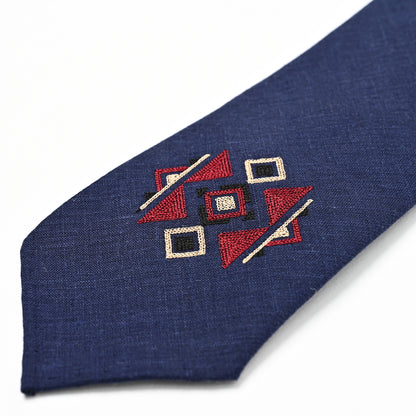日本製　刺繍　リネン　ネクタイ　アメリカンネイティブ2　ネイビー