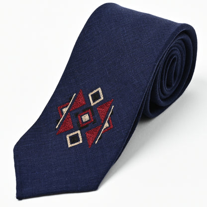 日本製　刺繍　リネン　ネクタイ　アメリカンネイティブ2　ネイビー