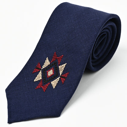 日本製　刺繍　リネン　ネクタイ　アメリカンネイティブ1　ネイビー